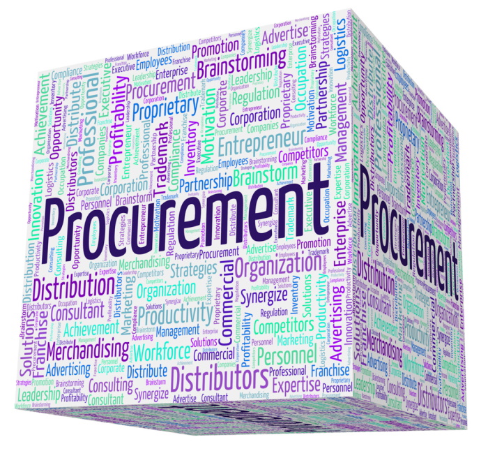 A cube covered with word clouds in which Procurement is the most prominent word